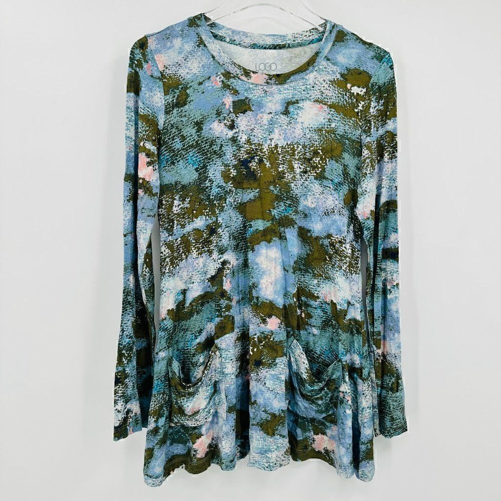 LOGO Lori Goldstein Size XS Green & Blue Long Sleeve Pocket Tunic Top